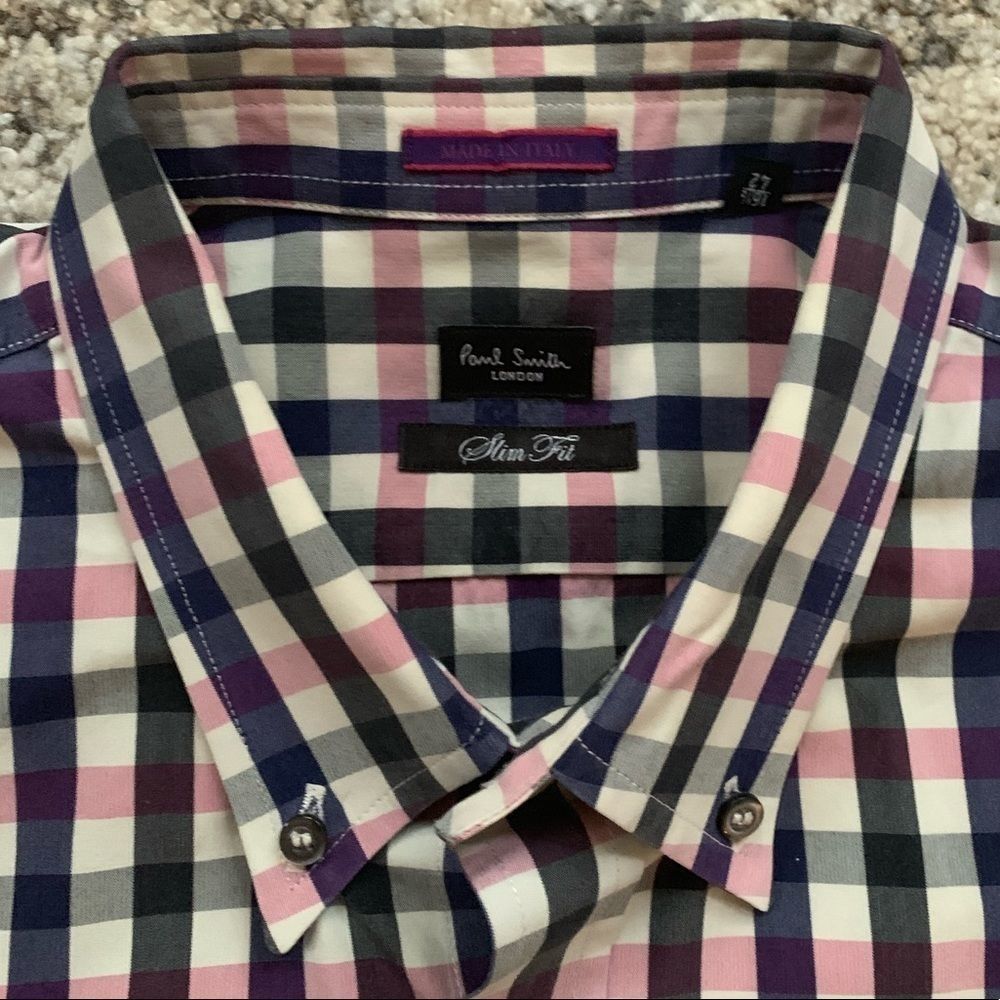 Paul Smith London Pink Navy White Check Slim Fit Dress Shirt 16.5